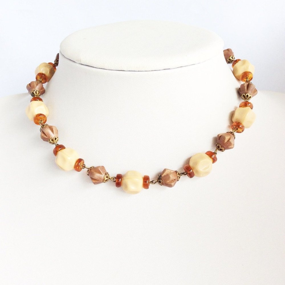 Glass & Wood Necklace Made in Germany Brown Neutral Tones Art Glass Beads
